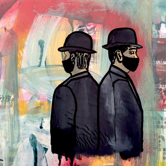 "Mysteries of the Pandemic" Artwork, Mixed Media Painting 8.5"x11.5" Magritte - Picture 1 of 2